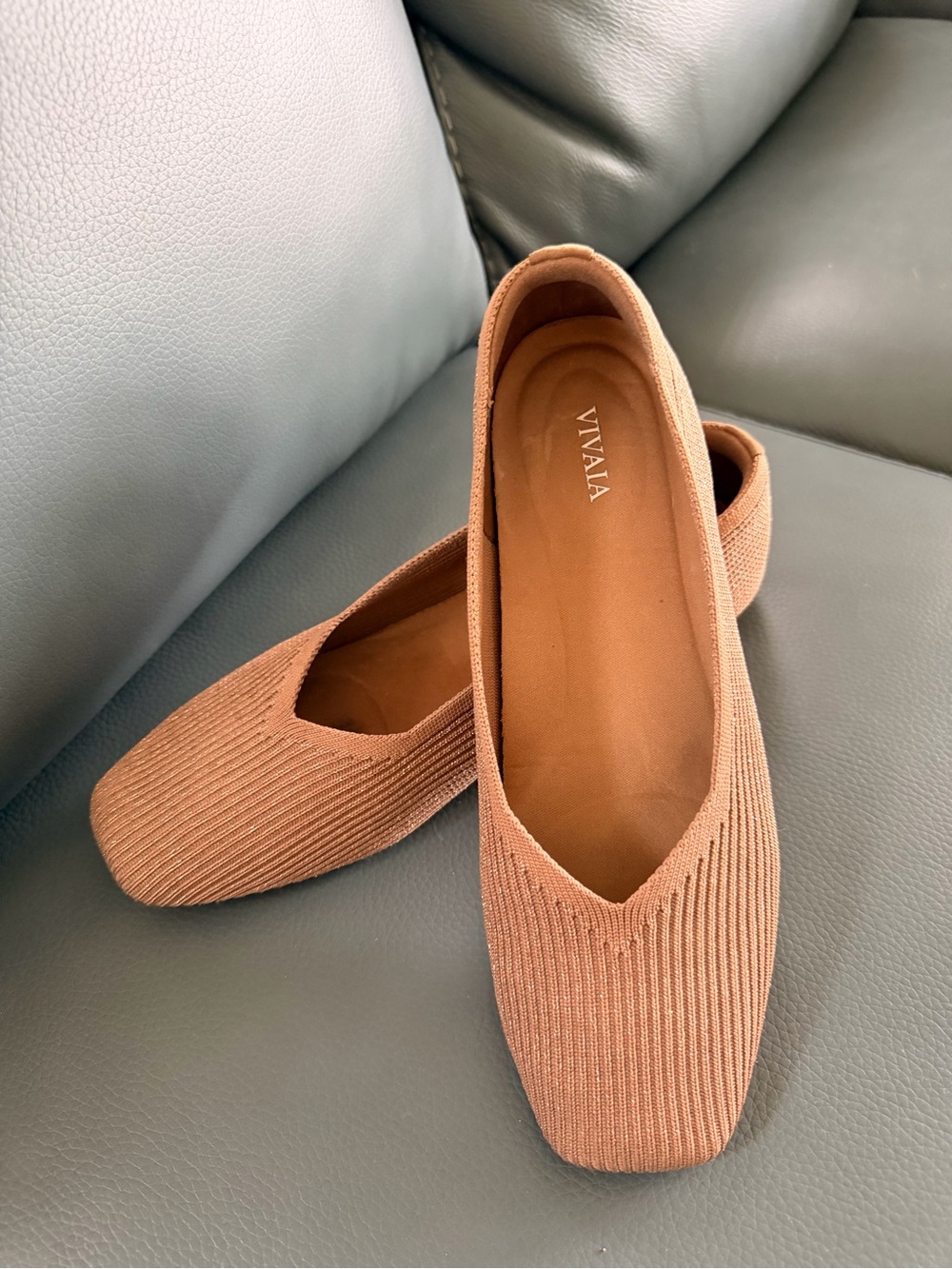 Vivaia Margot 2.0 Square-Toe V-Cut Flats in a tan with a bit of sparkle size 39